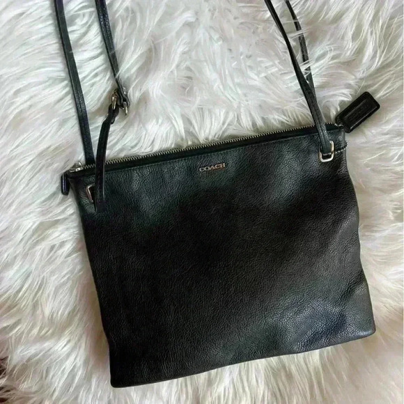 Coach Black Leather Crossbody Bag, Adjustable Strap, Zipper Pebbled Leather - Picture 3 of 13